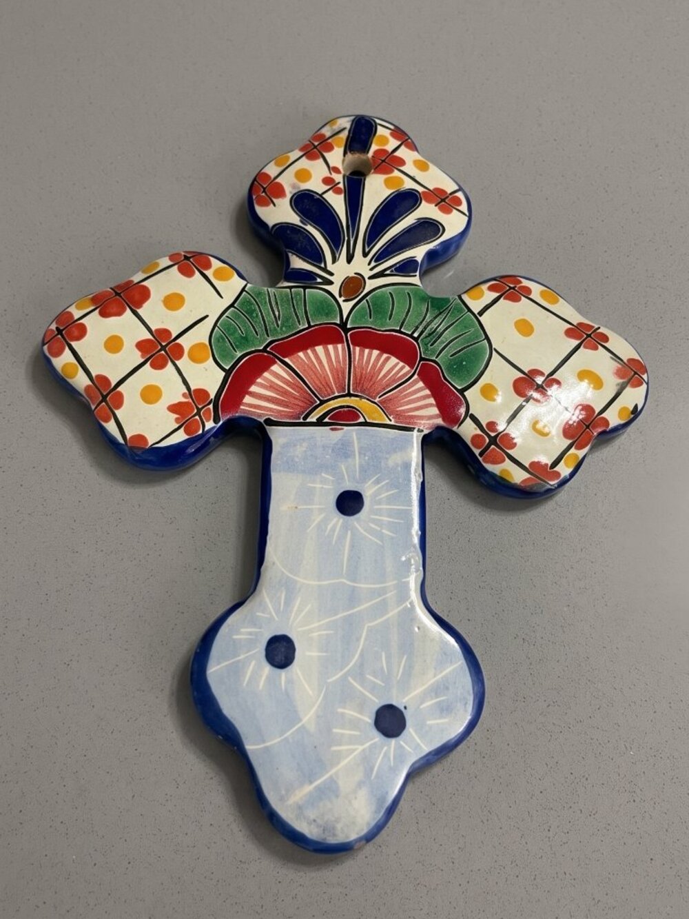 Mexican Talavera Hand Painted Folk Art Ceramic Wall Cross 8” x 6.5”